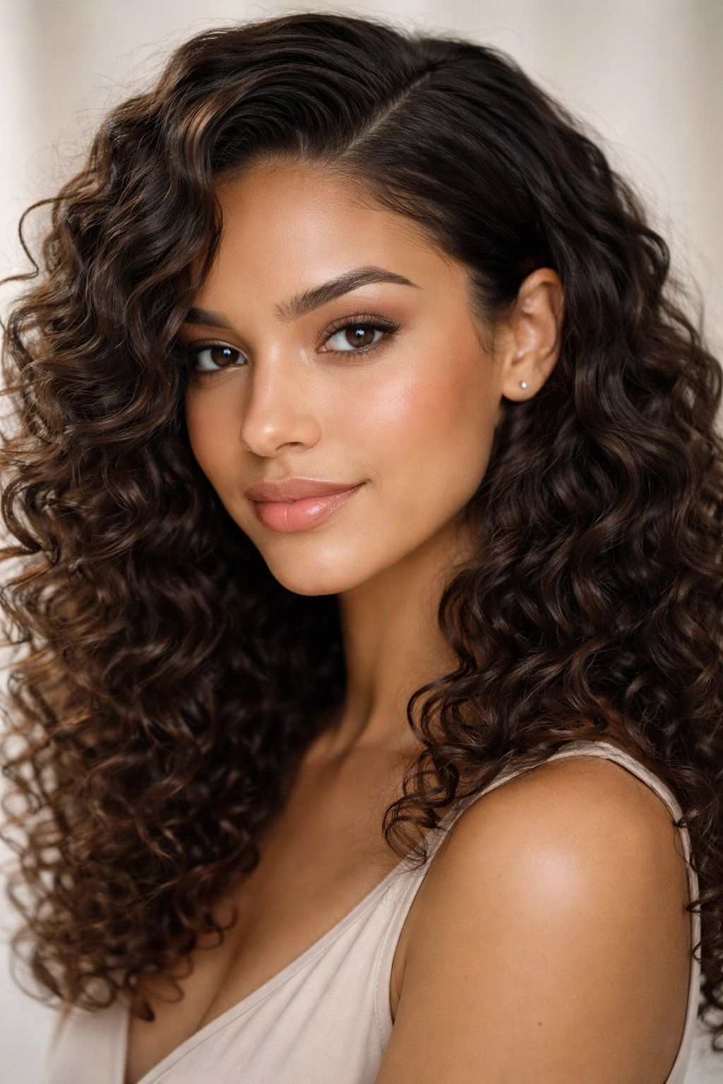 Close-up of soft waves with a deep side part on curly hair, showcasing texture and shine