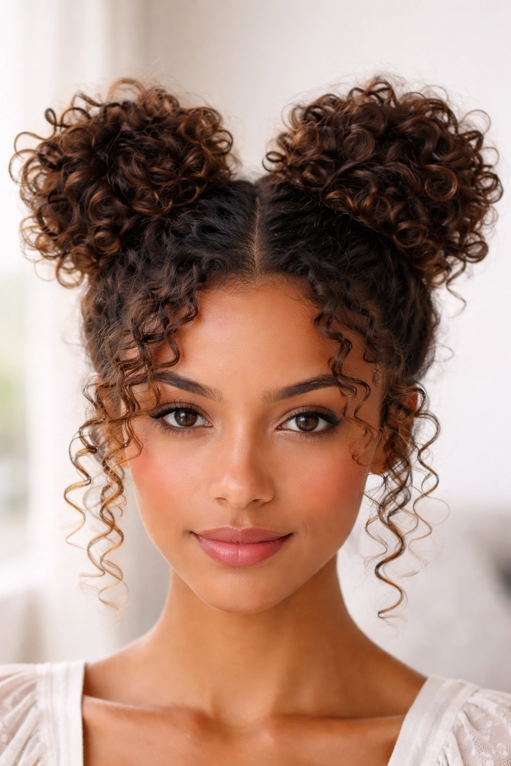 Front view of space buns on curly hair