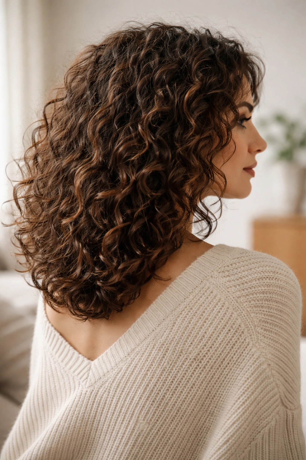 Contemplative portrait of natural medium curly hair with texture