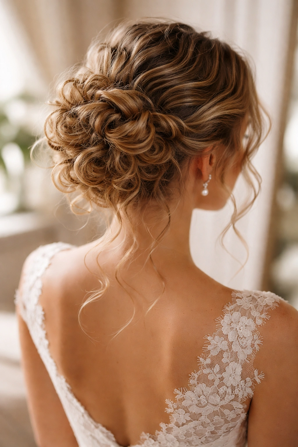 Close-up of curly hair styled into a romantic wedding bun with defined curls