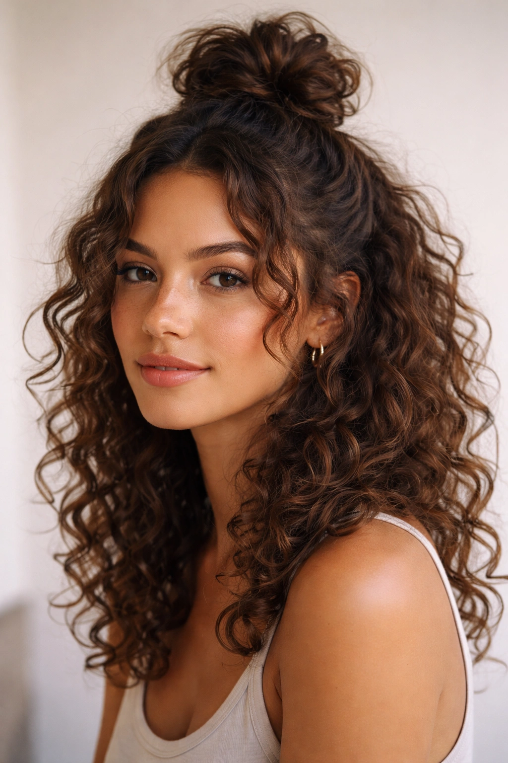 Portrait of a curly half-bun with loose curls framing the face