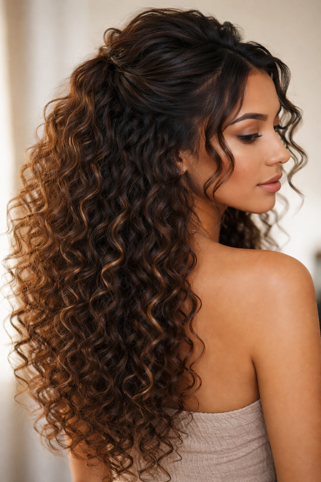 Back view of curly half-up style with top portion gathered and loose curls around