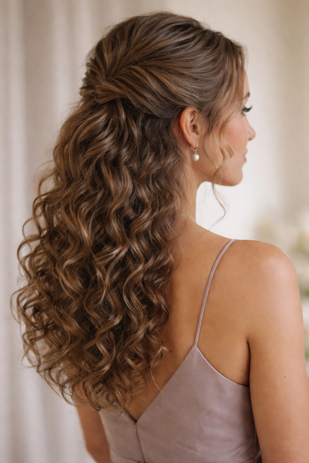 Curly half-up hairstyle with top secured and bottom curls flowing