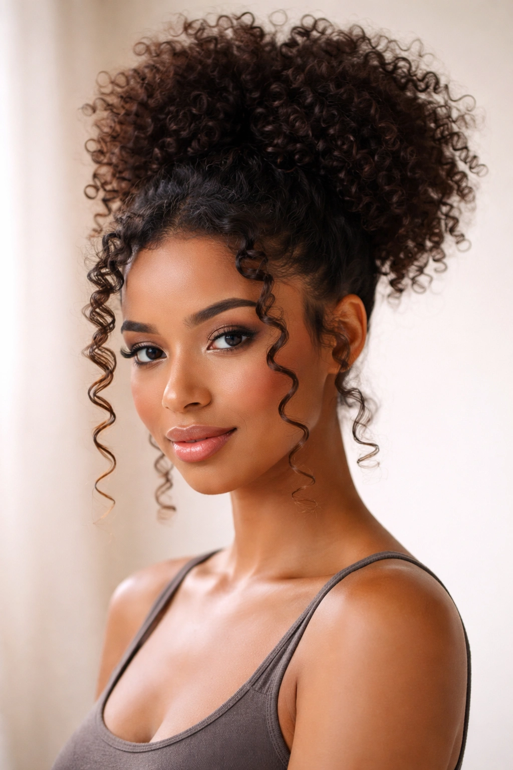 Curly high puff with face-framing spirals on a model