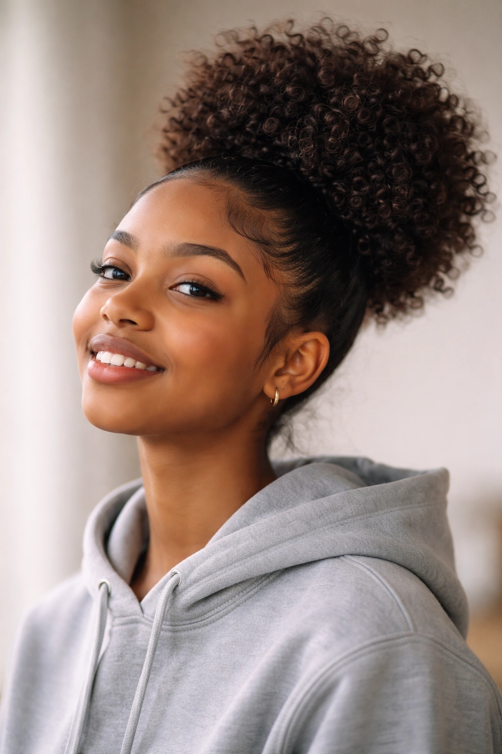 Curly high puff updo with clean perimeter