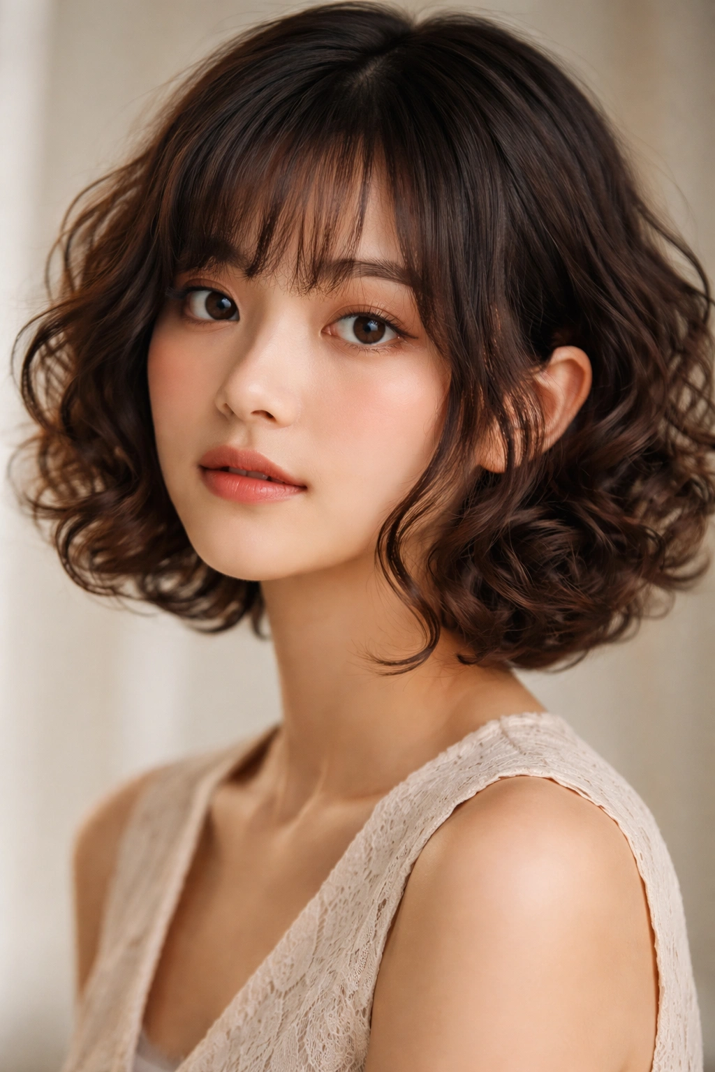 Portrait of a person with curly hime bob featuring defined curls and sidelocks