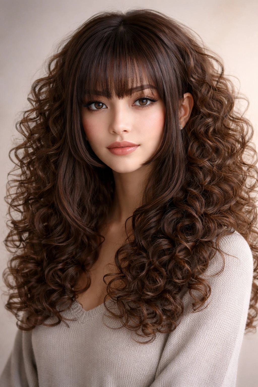 Close-up of voluminous curly hime cut with defined fringe