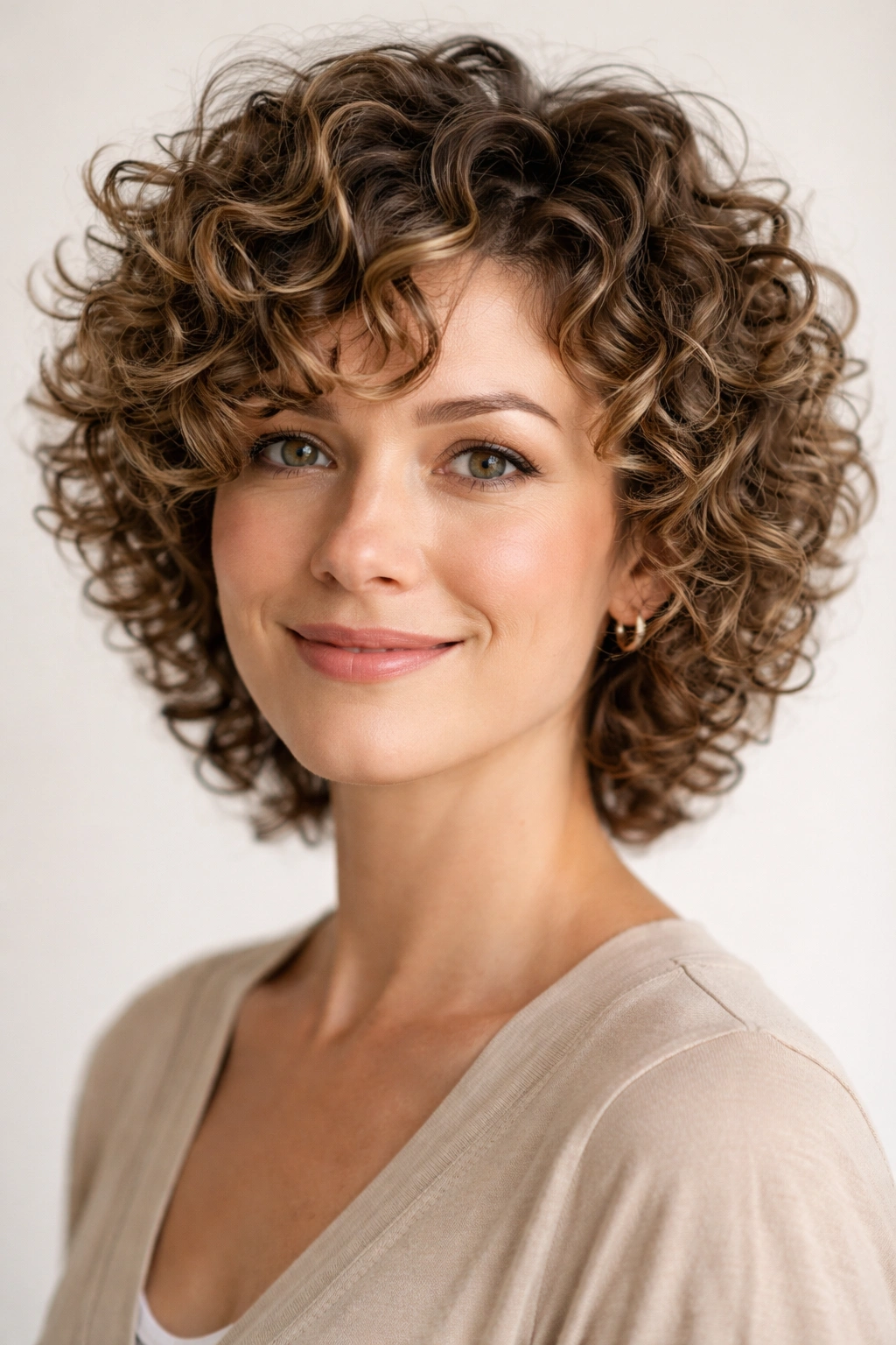 Curly hair with spiral texture and layered cut showing defined curls