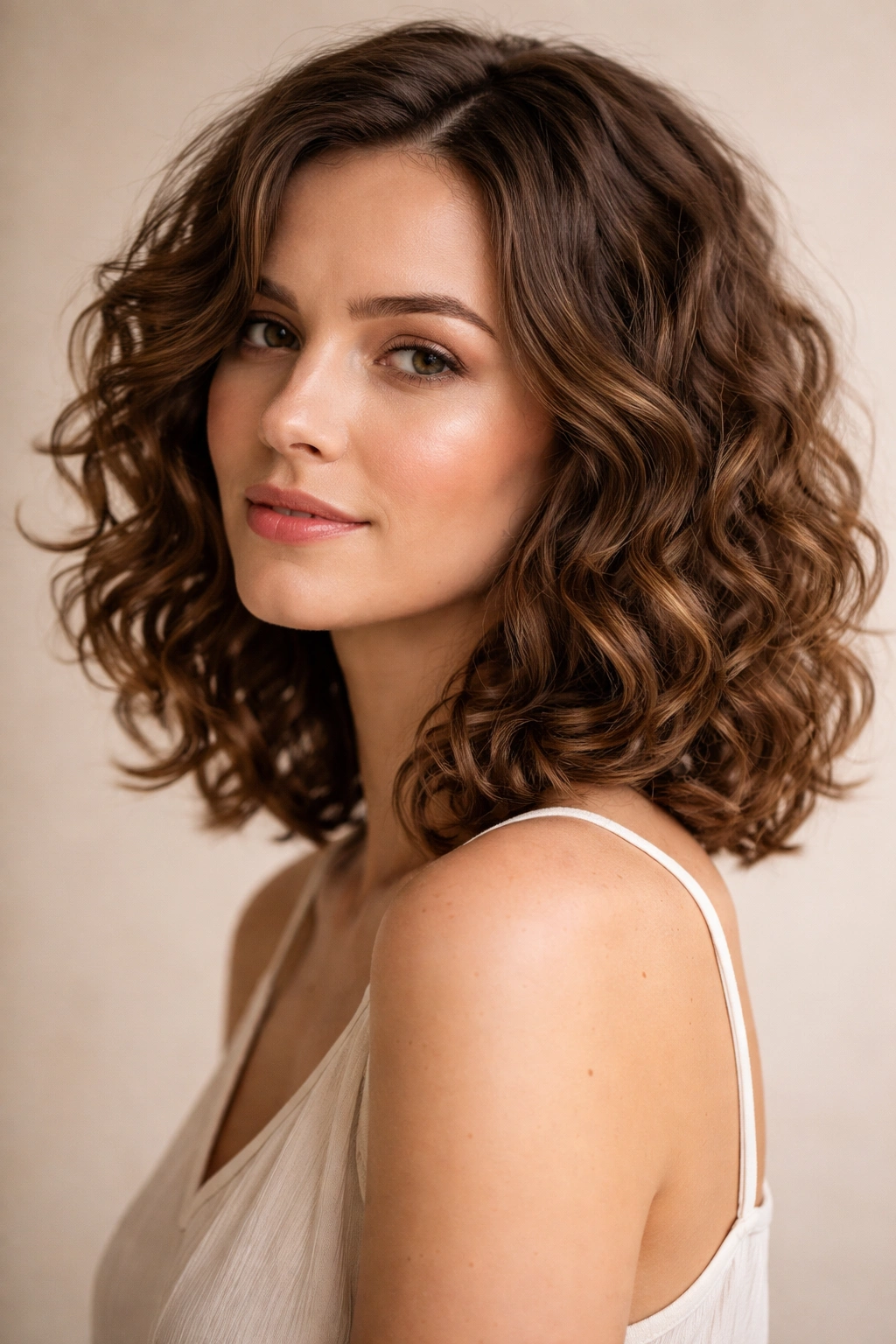 Collarbone-length curly lob showing movement and layered texture