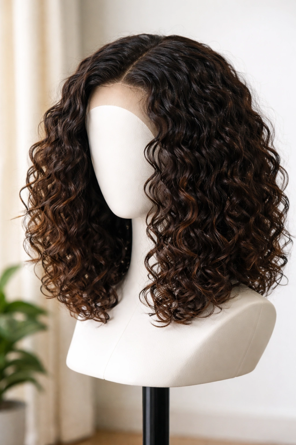 Shoulder-length curly lob frontal wig on a head form with defined curls