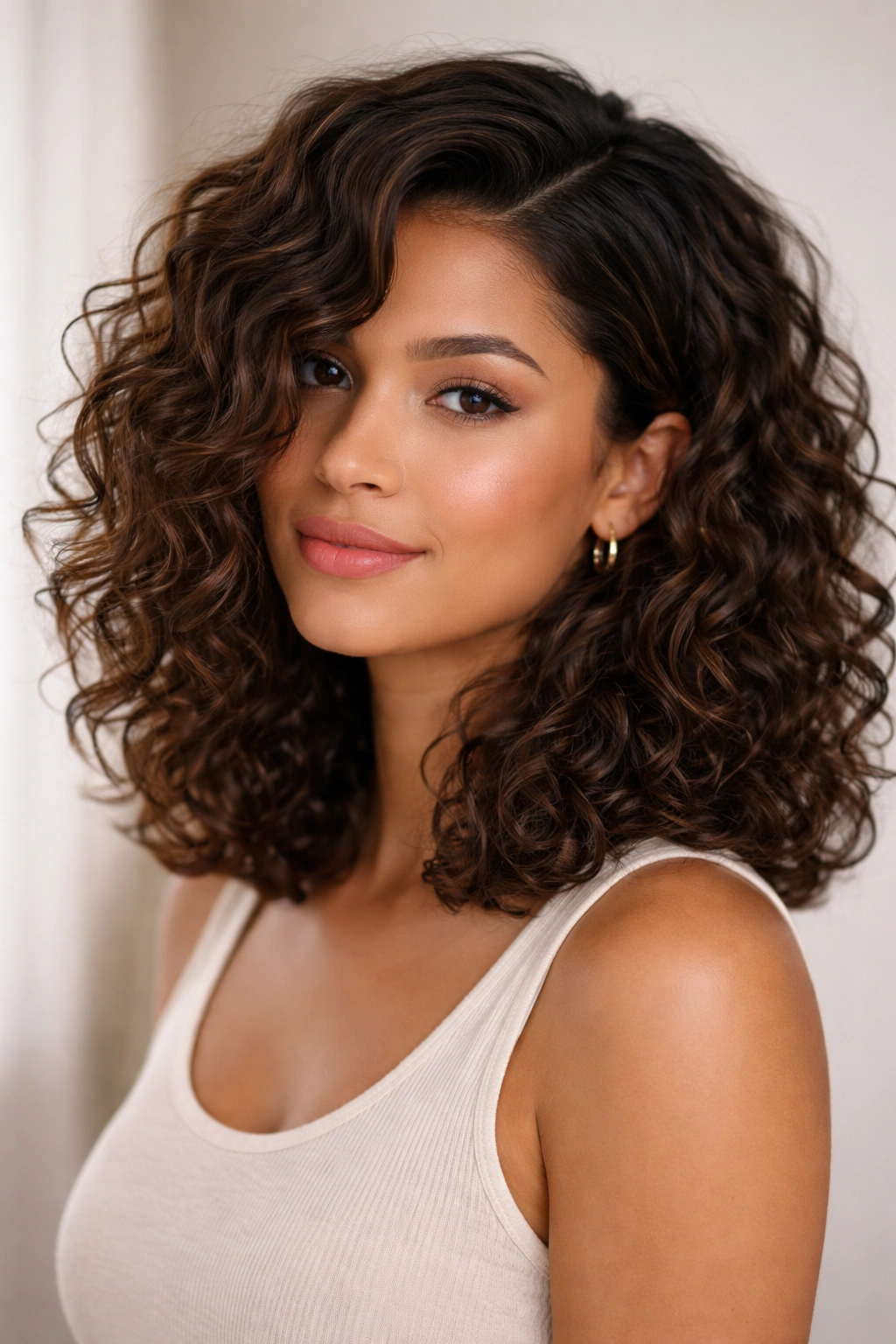 Curly lob with side part showing shoulder-length curls