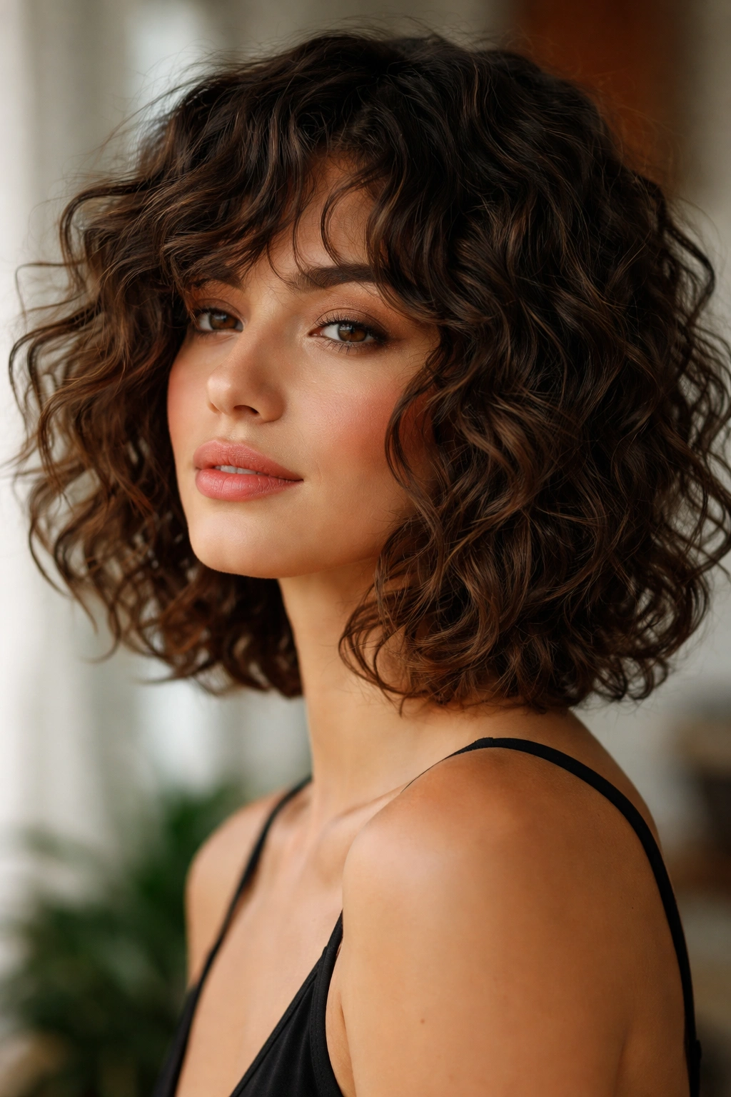 Chin-length curly lob with choppy textured layers and movement
