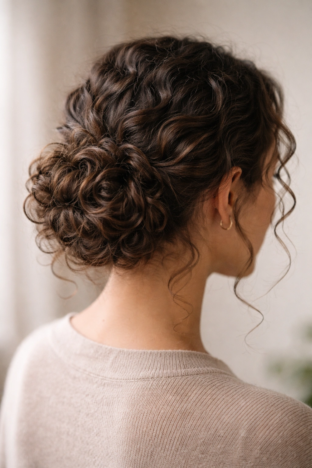Close-up of a curly low bun at the nape showing textured curls and tendrils