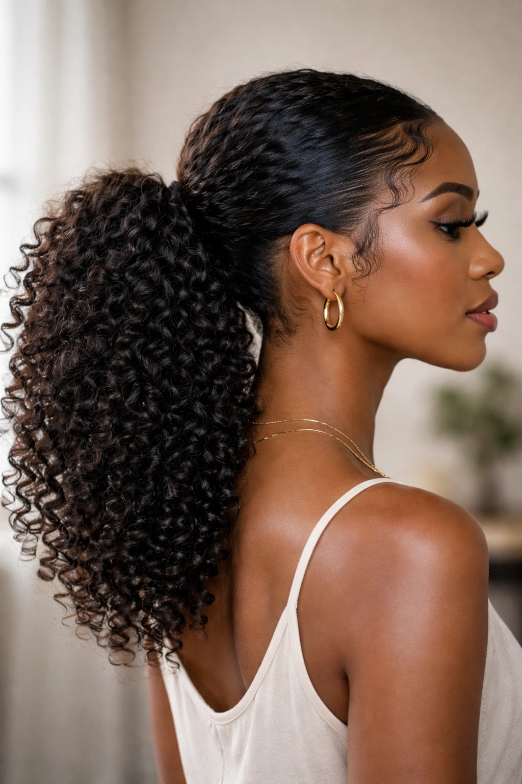 Curly low ponytail with volume and defined curl pattern at the nape.