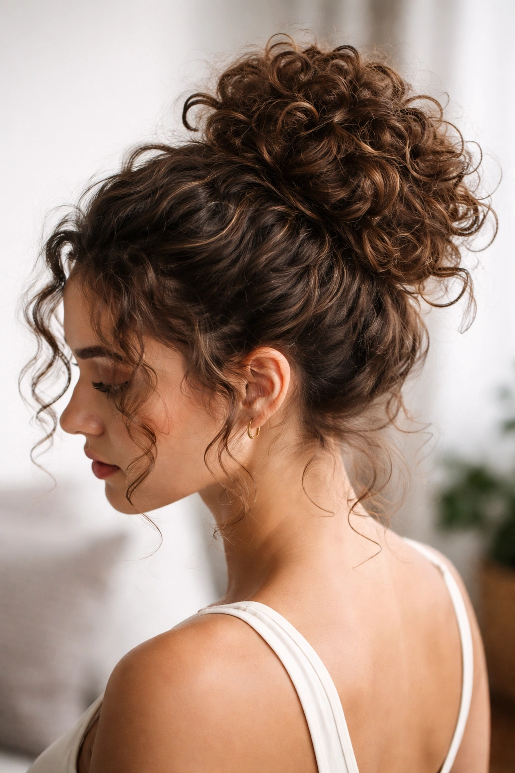 Side view of The Curly Messy Bun with voluminous curls