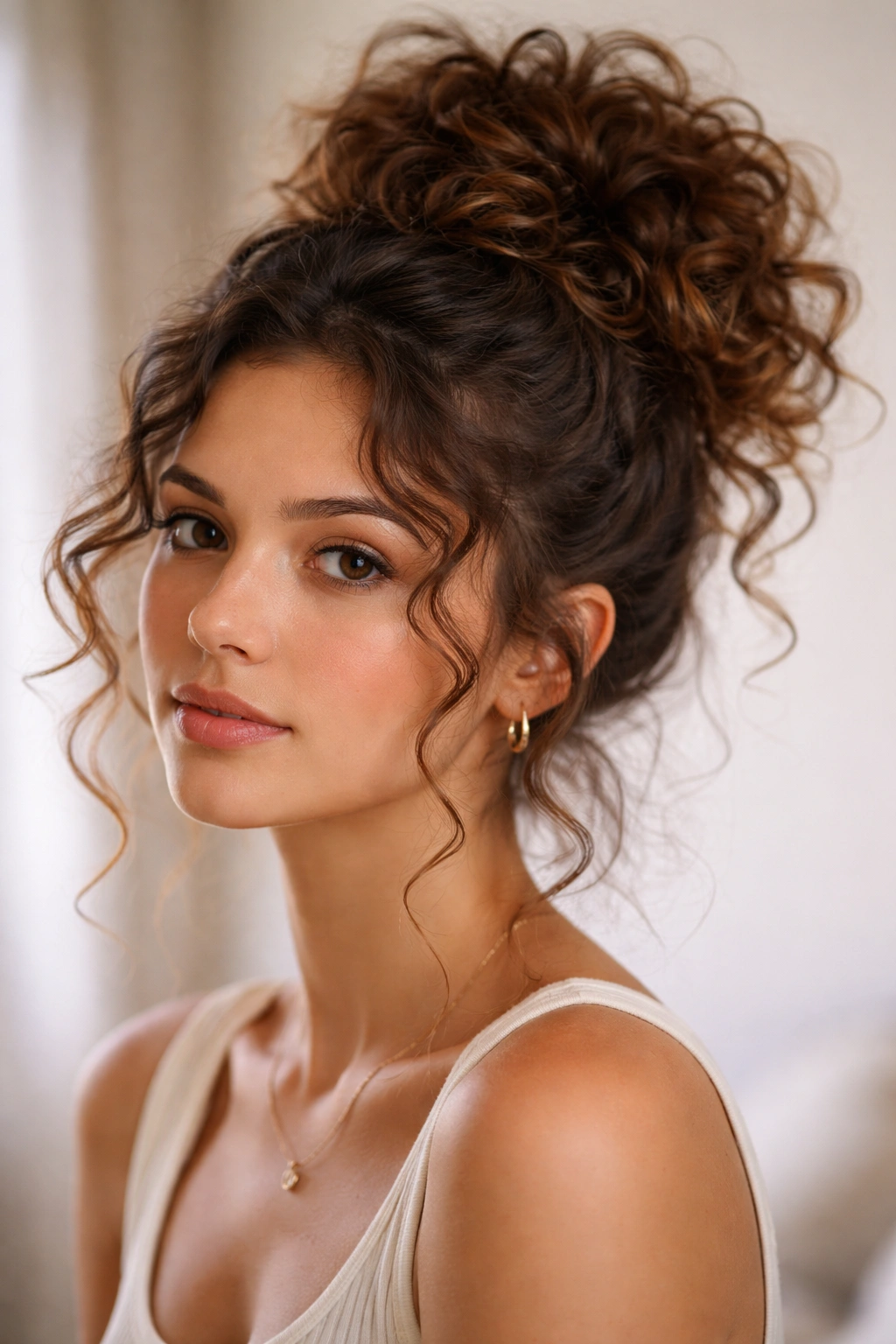 Curly messy bun with loose tendrils framing the face