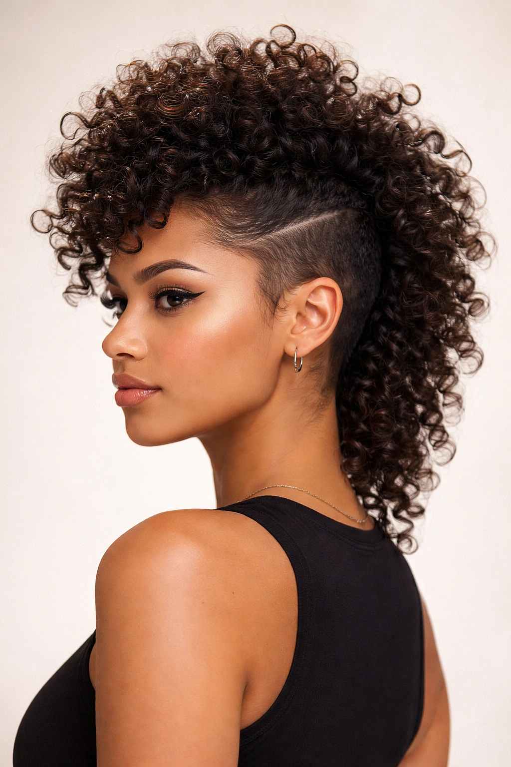 Curly mohawk with height and textured sides on a model