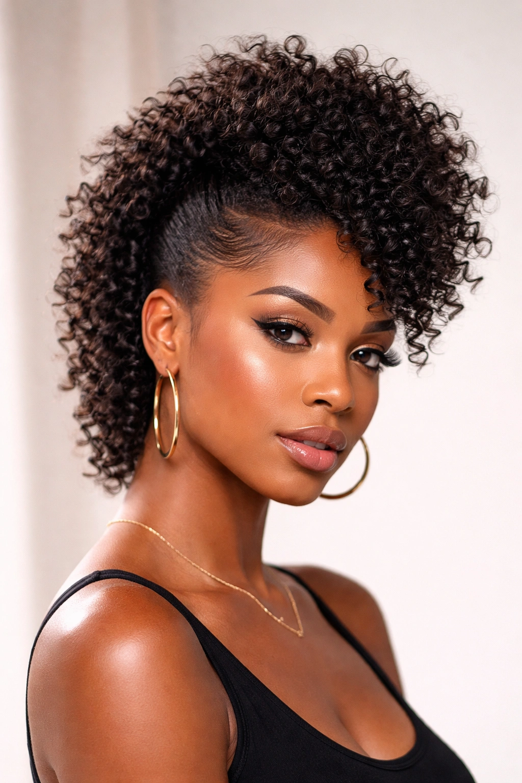 Curly mohawk weave with pronounced center ridge and tapered sides