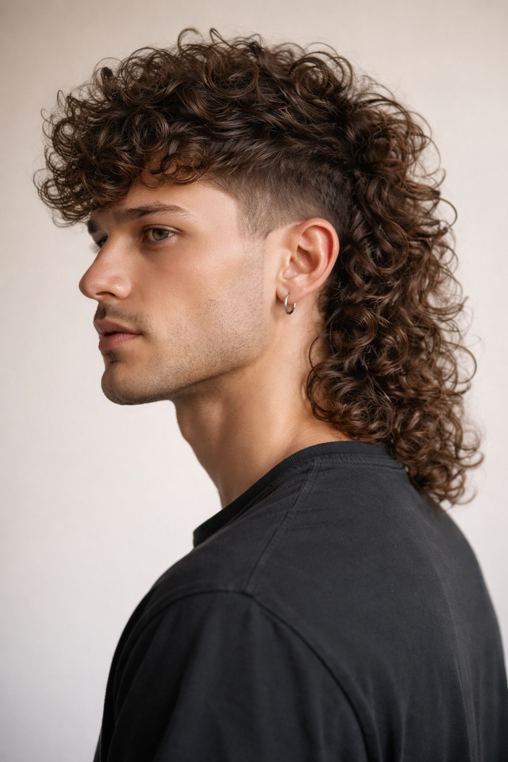 Curly mullet with textured top and longer back in a studio portrait