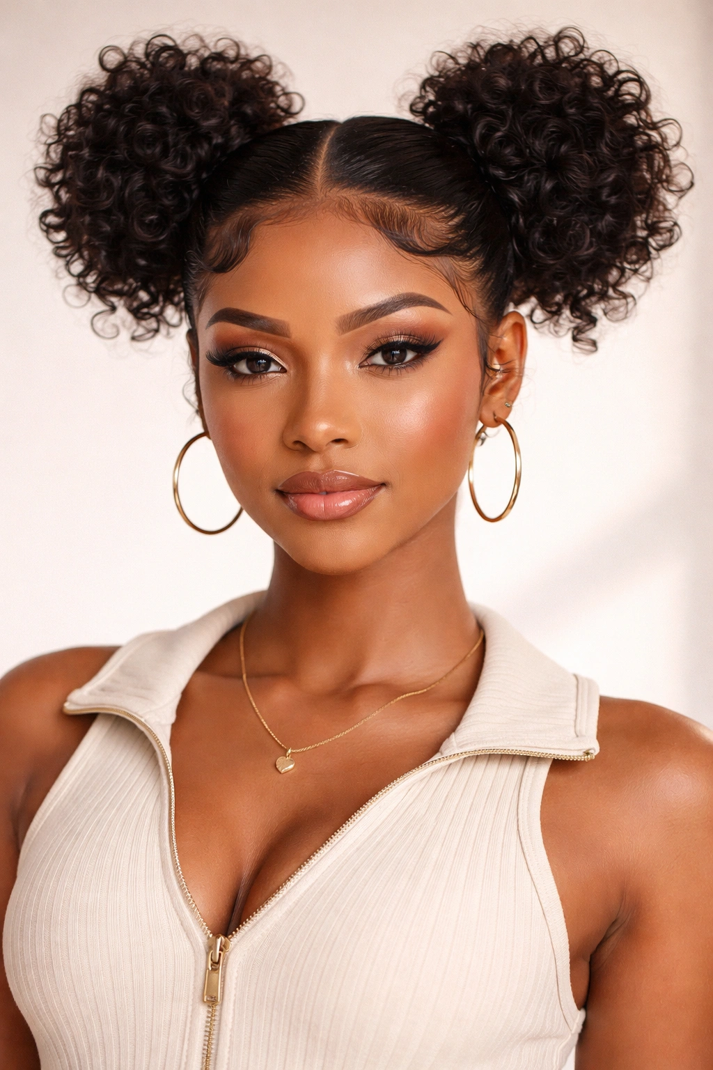 Symmetrical curly pigtail buns with defined edges