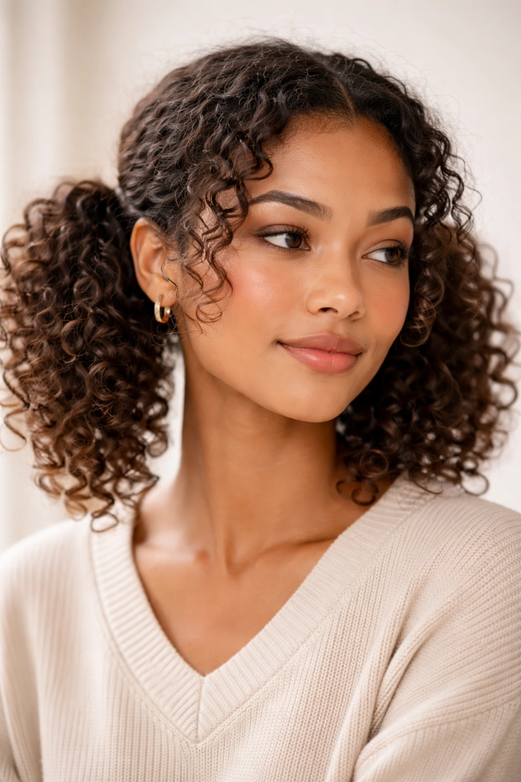 Curly pigtails at ear level with loose textured curls