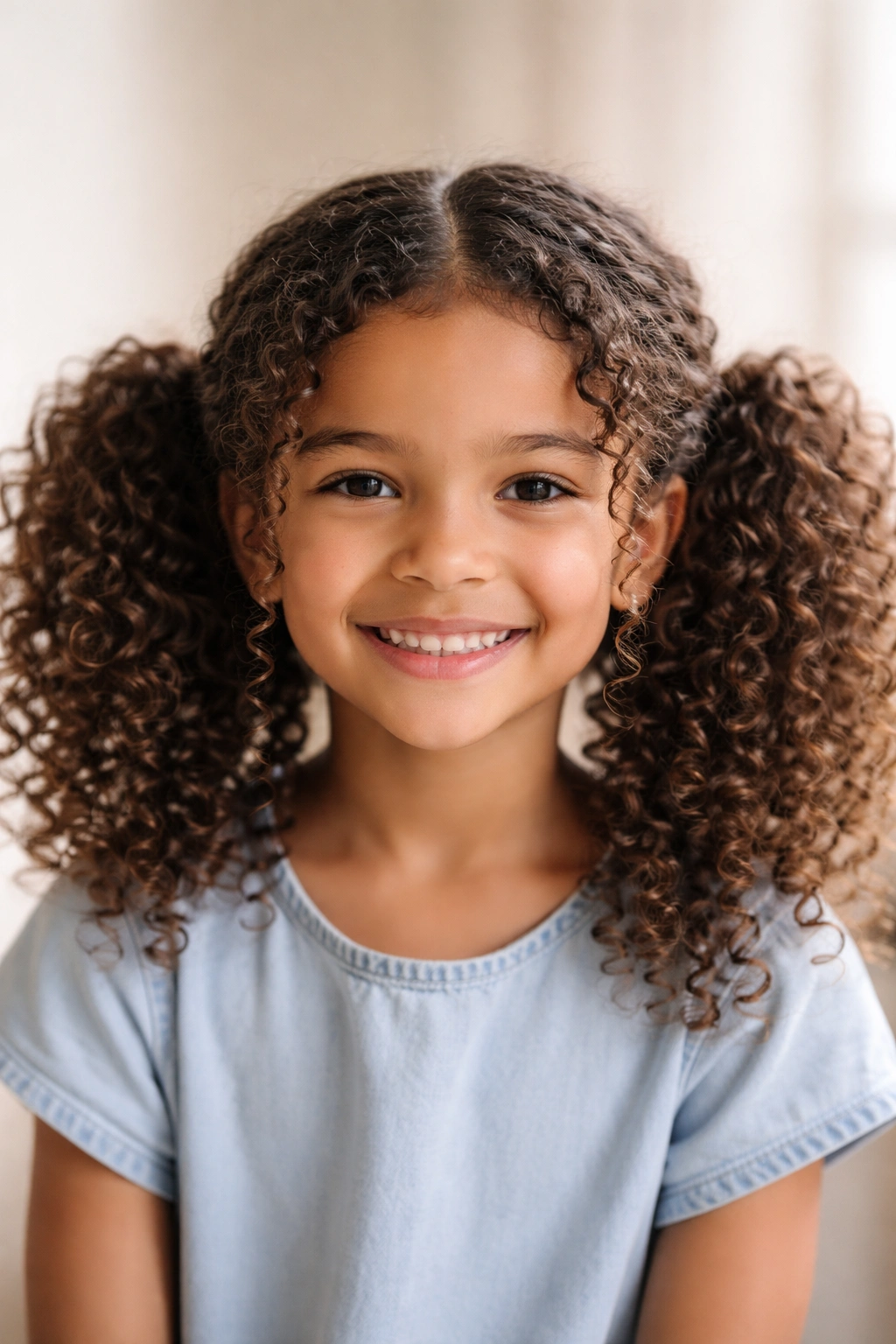 Curly pigtails with volume at sides of head.