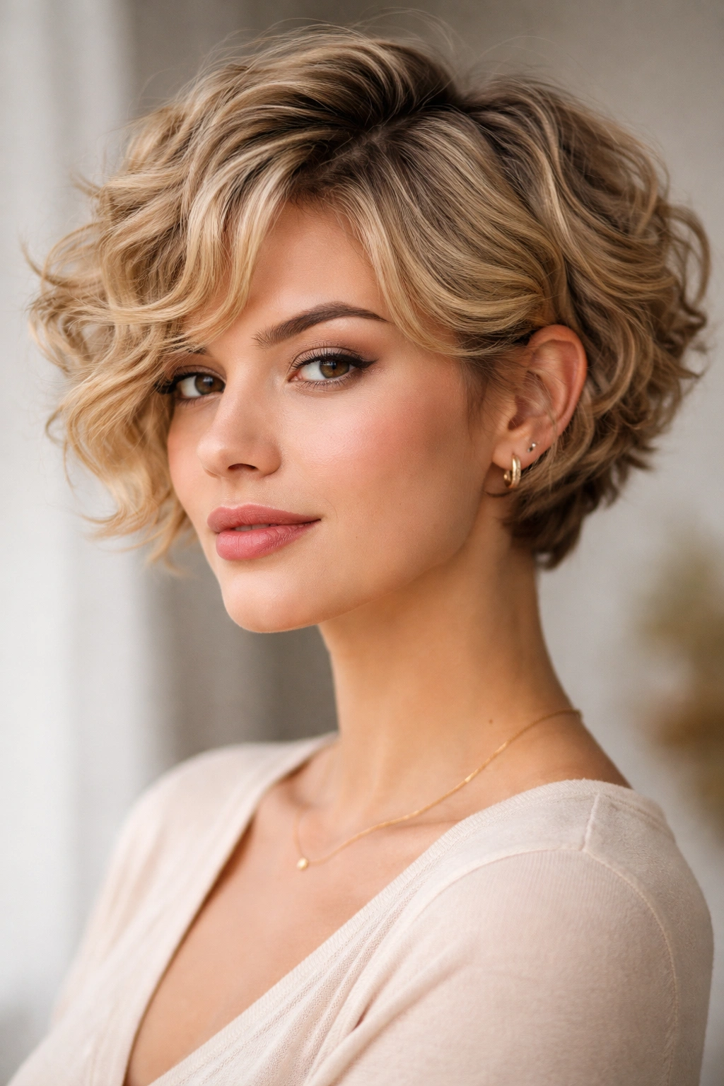 Blonde curly pixie-bob hybrid hairstyle with defined waves.