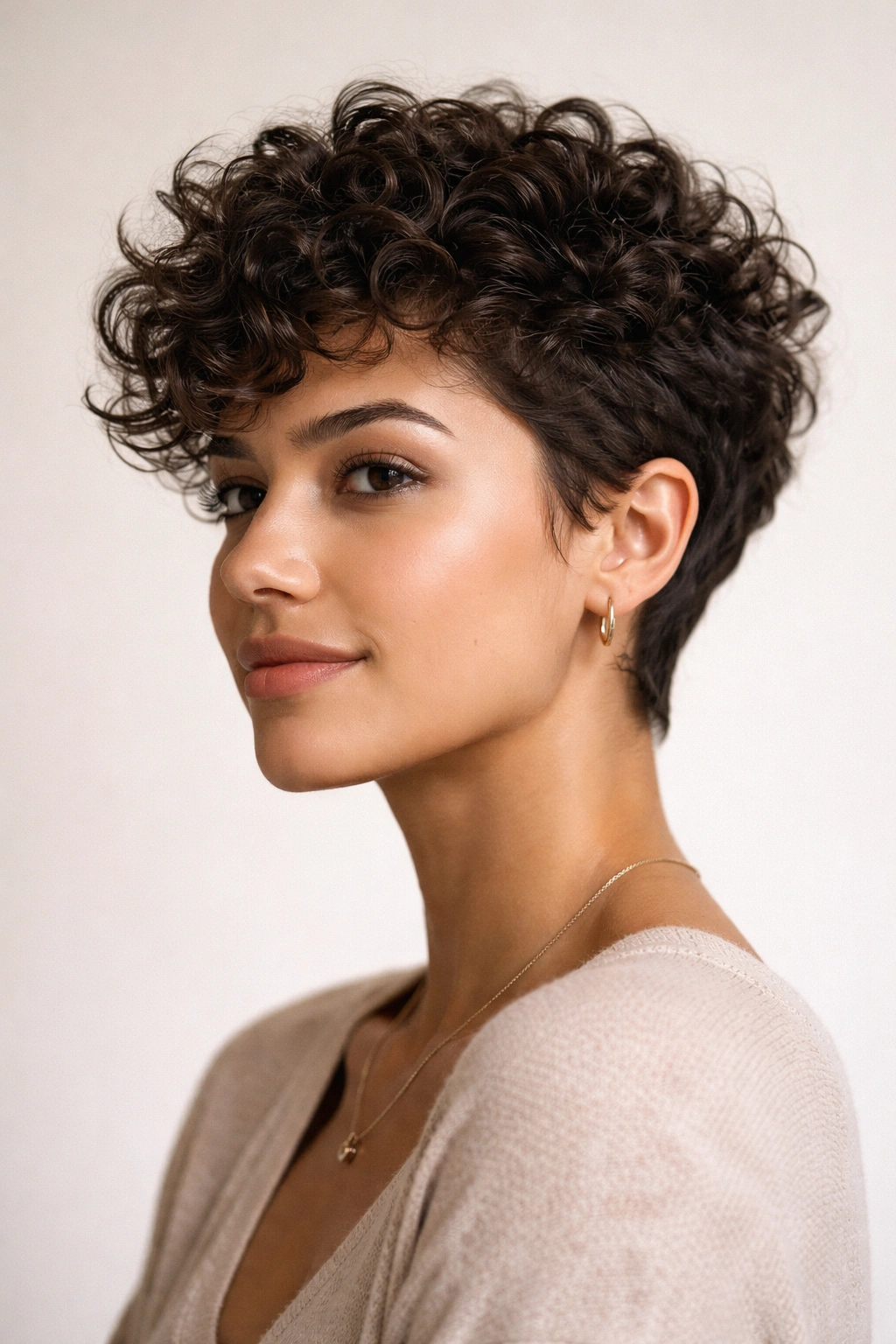Close-up portrait of a person with a curly pixie cut showing root lift and natural volume