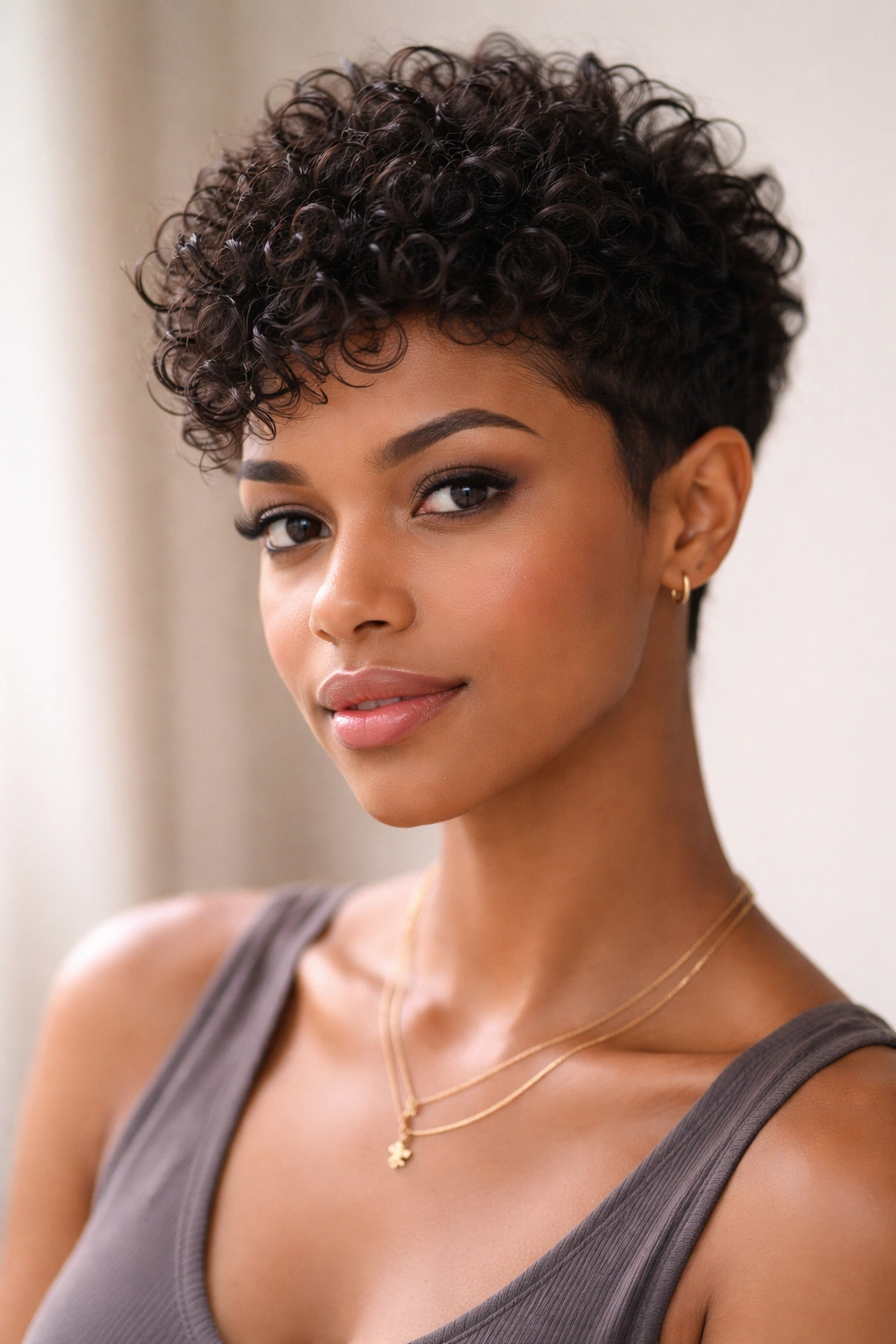 Close-up portrait of a person with a curly pixie cut showing tapered sides and defined curls