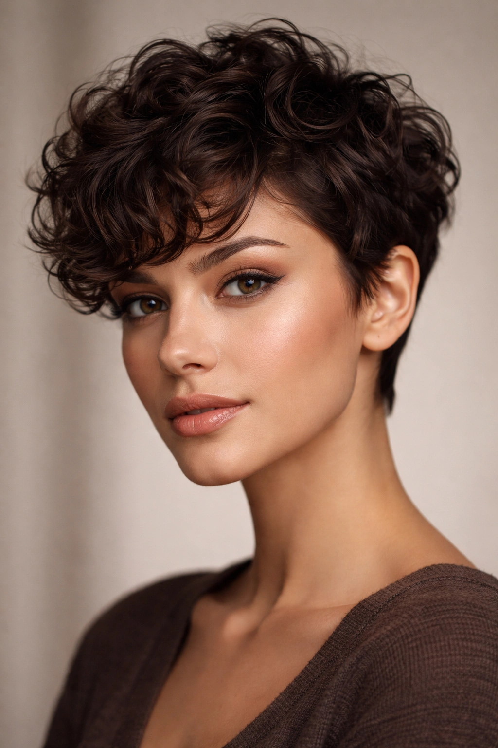 Espresso brown curly pixie with defined waves