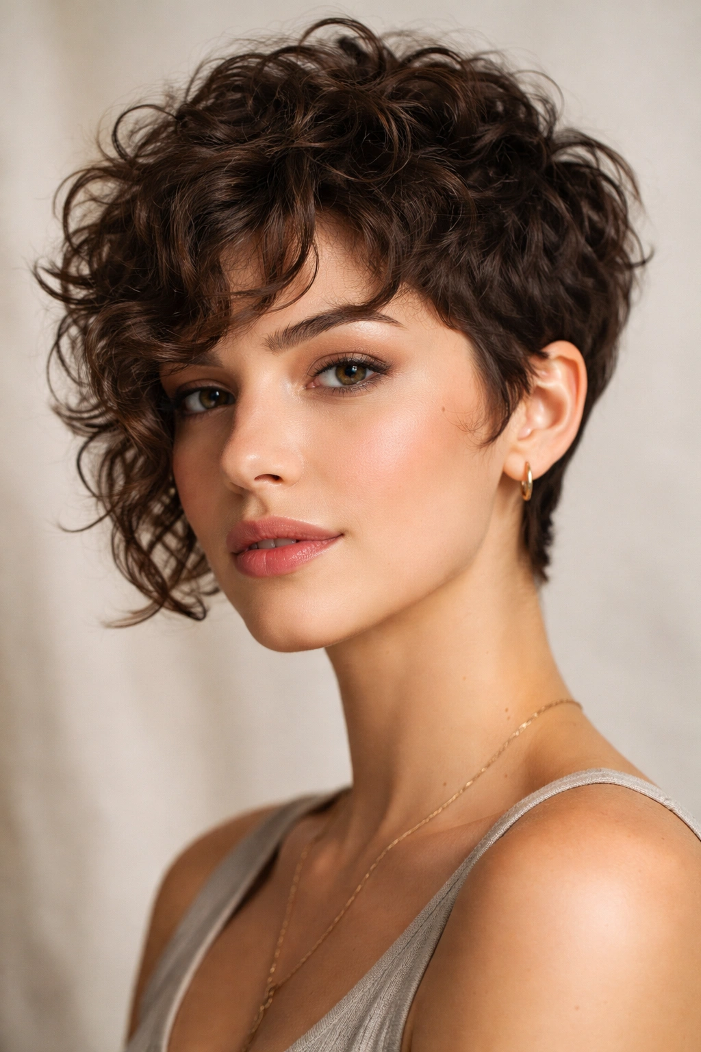 Curly pixie haircut with face-framing curls