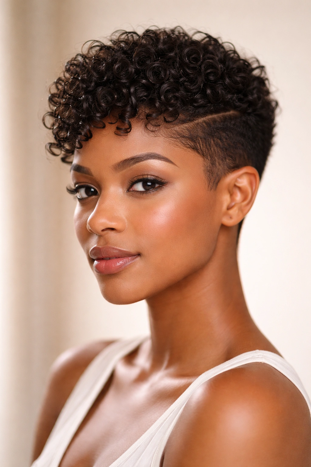 Curly-textured pixie with fade showing defined curls.