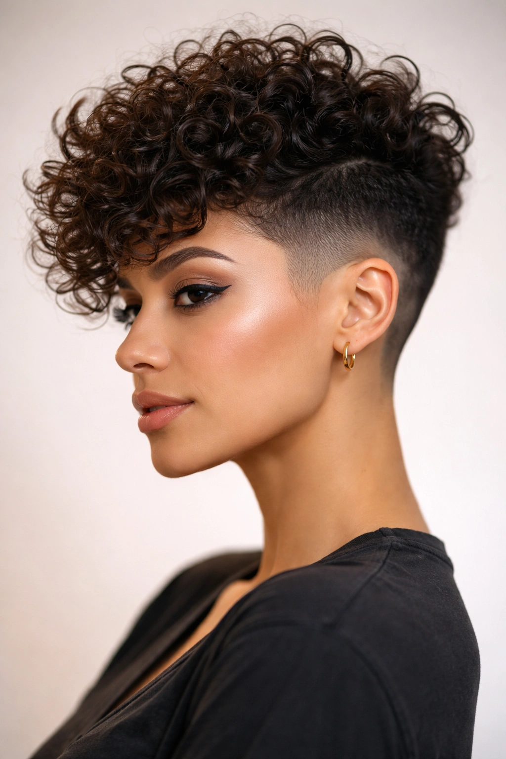 Profile view showing a fade on the sides with voluminous curls on top.