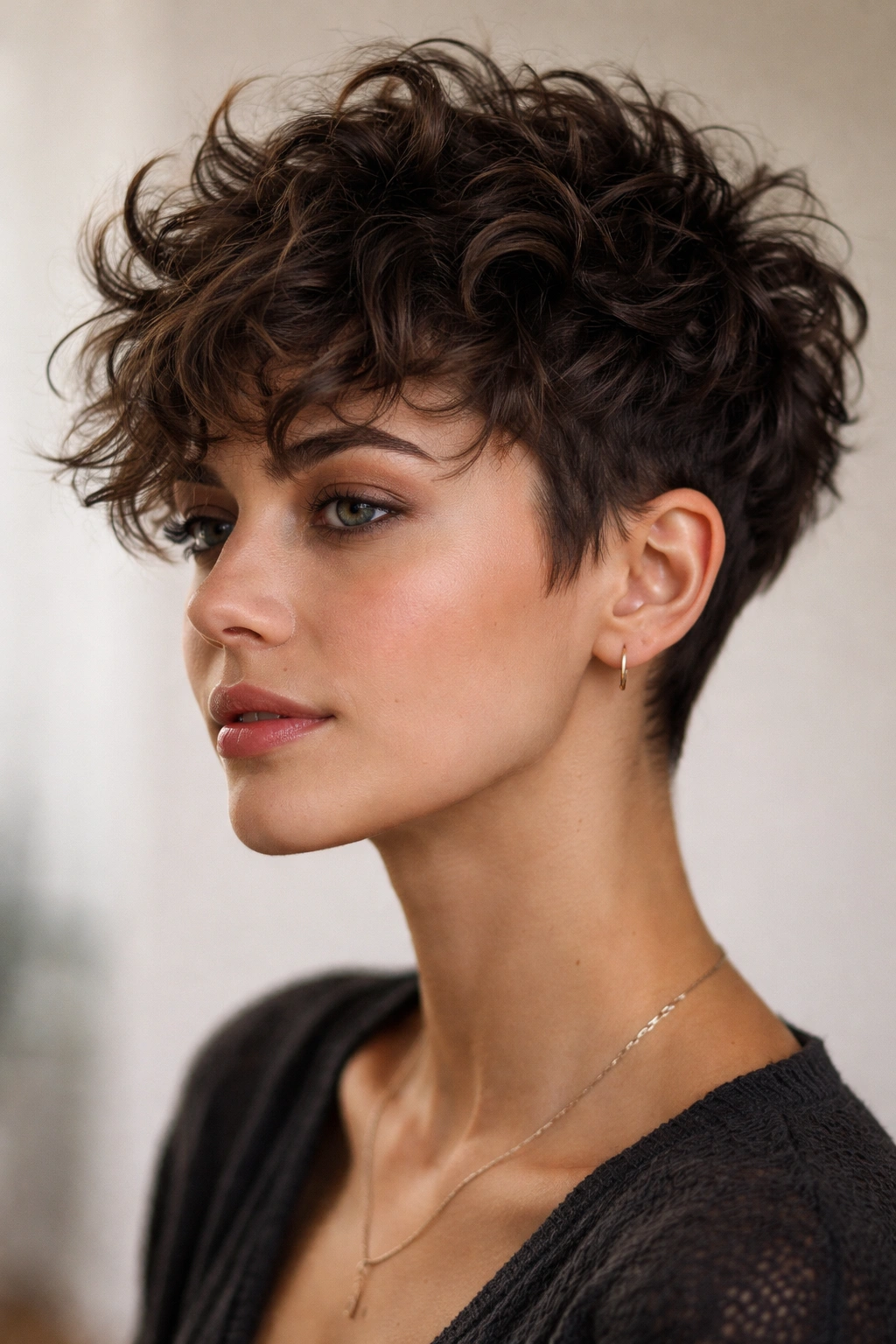 Close-up of a messy curly pixie cut with textured top layers