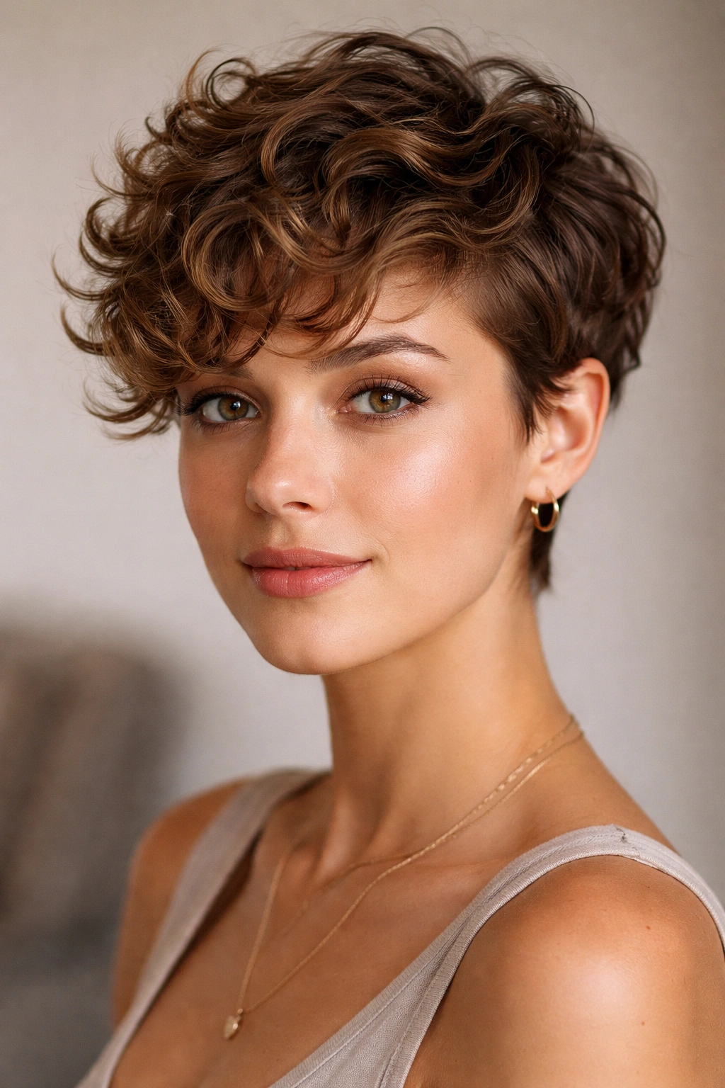 Close-up portrait of a curly-textured pixie with defined waves under studio light