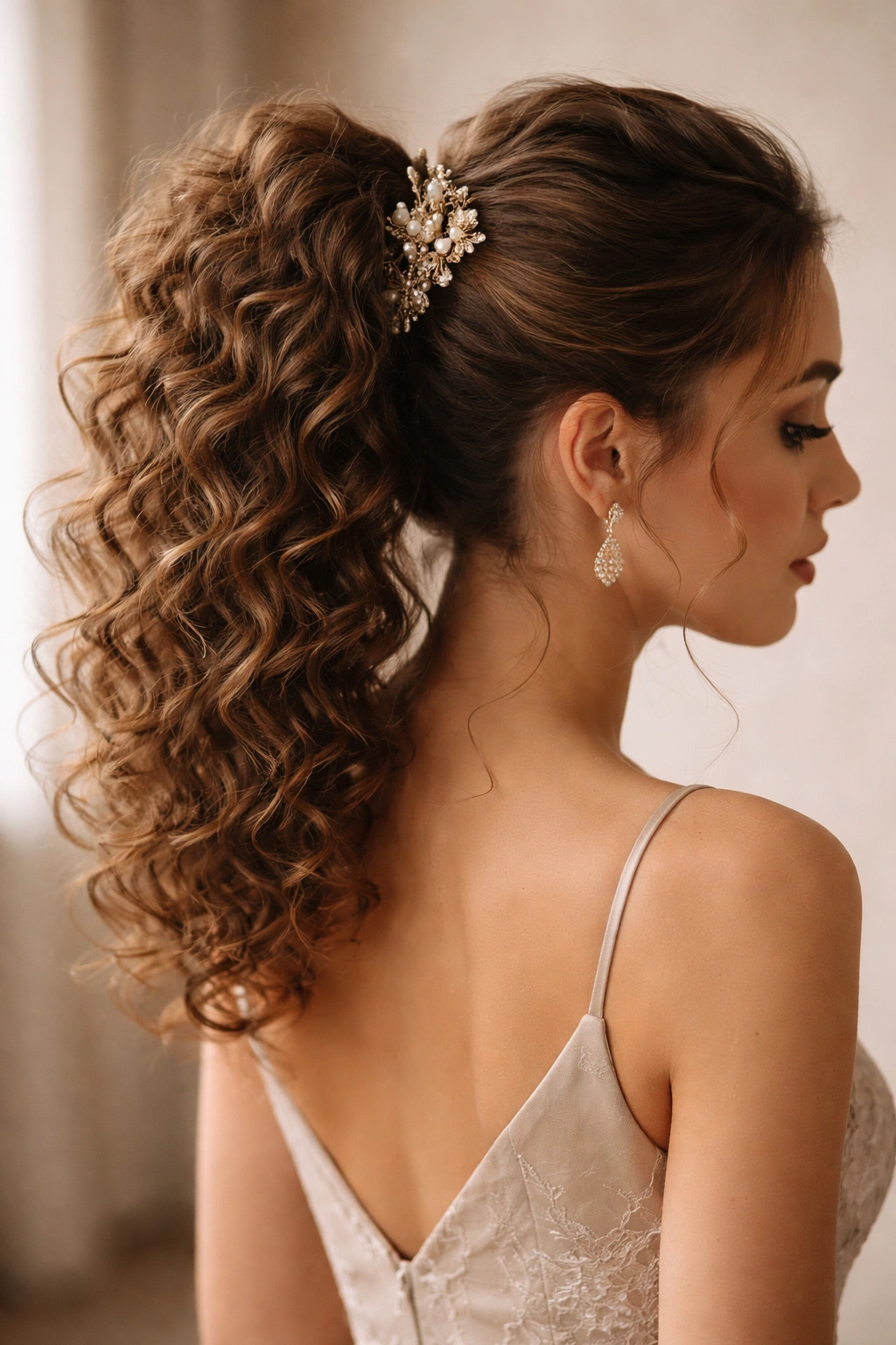 Curly ponytail with decorative hair accessory at the base