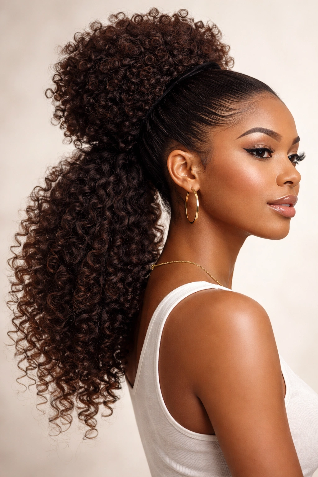 Curly ponytail afro puff with extended curls flowing back
