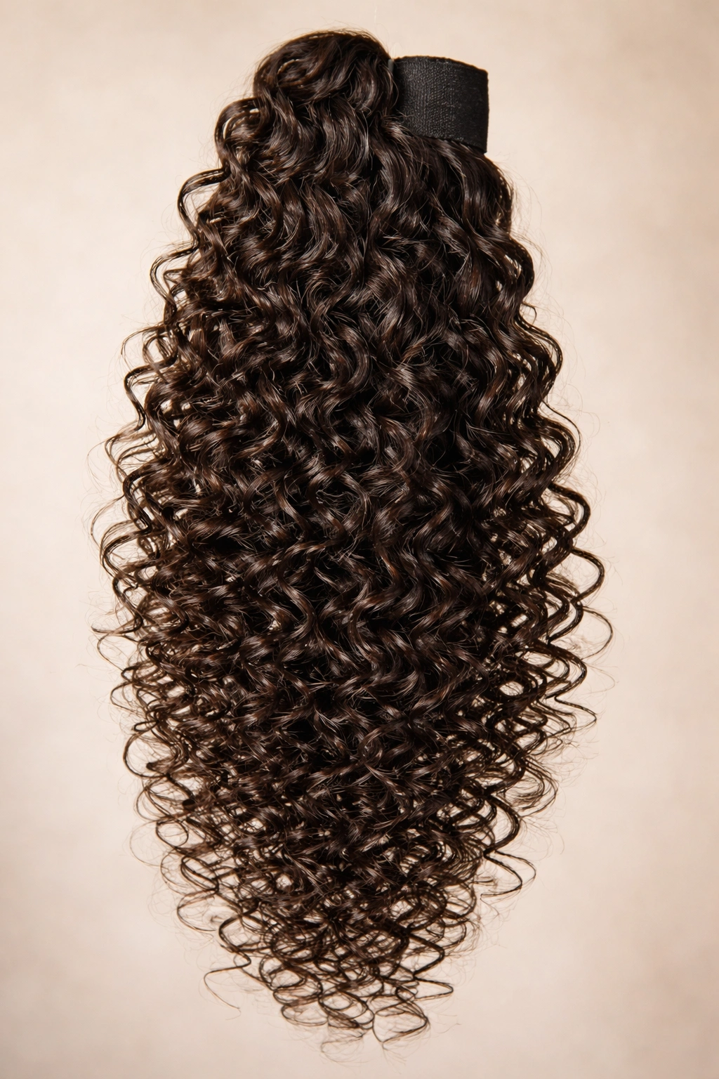 Curly ponytail extension with tight spirals showing triple-strand texture against neutral background