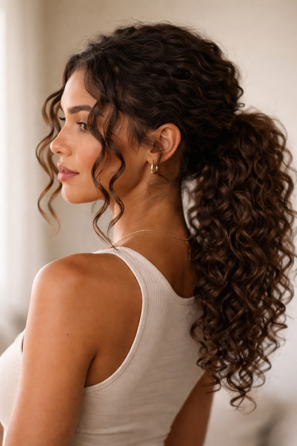 Low curly ponytail with face-framing pieces at sides.