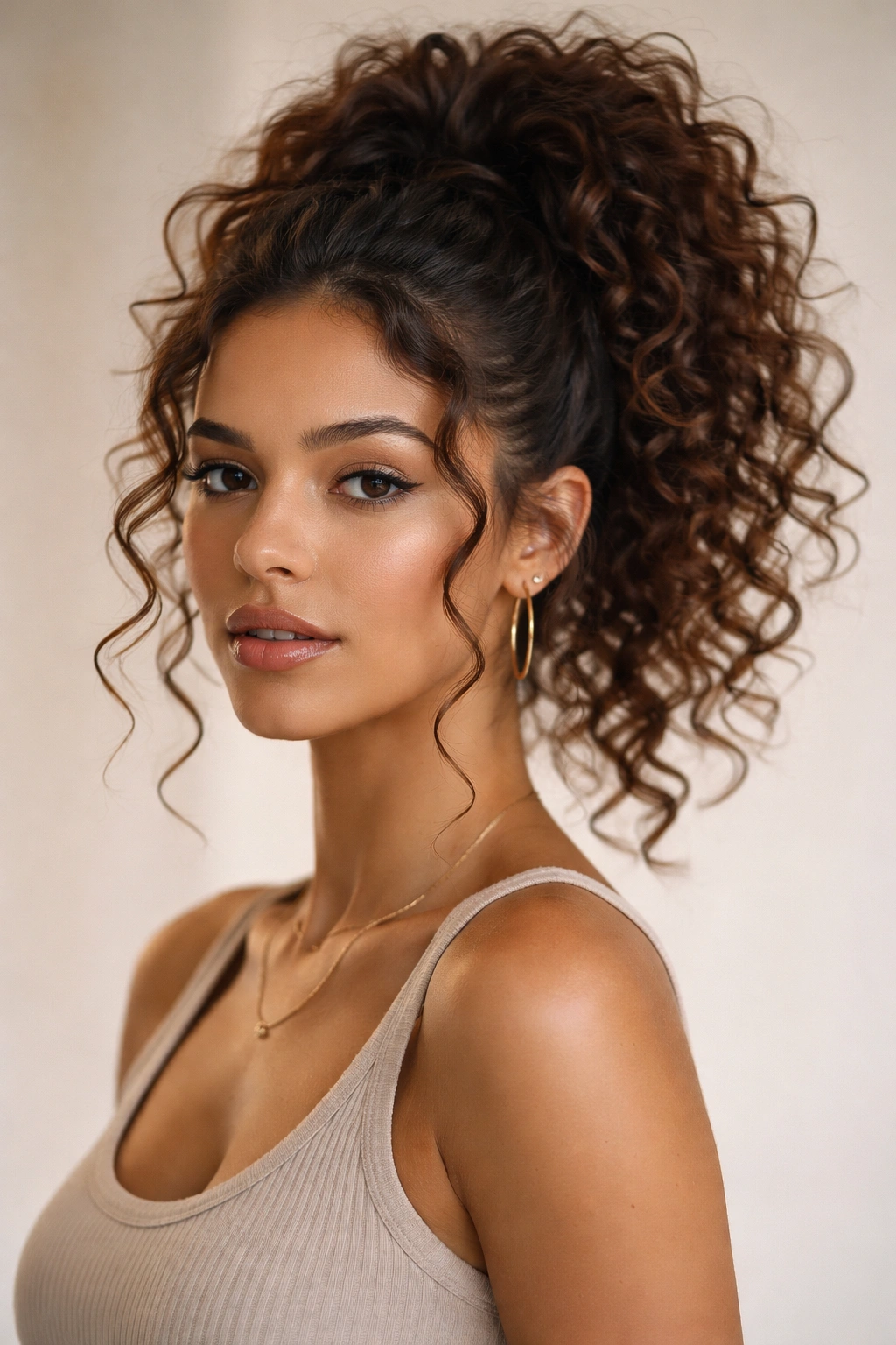 Close-up portrait of curly high-ponytail with face-framing stray ringlets