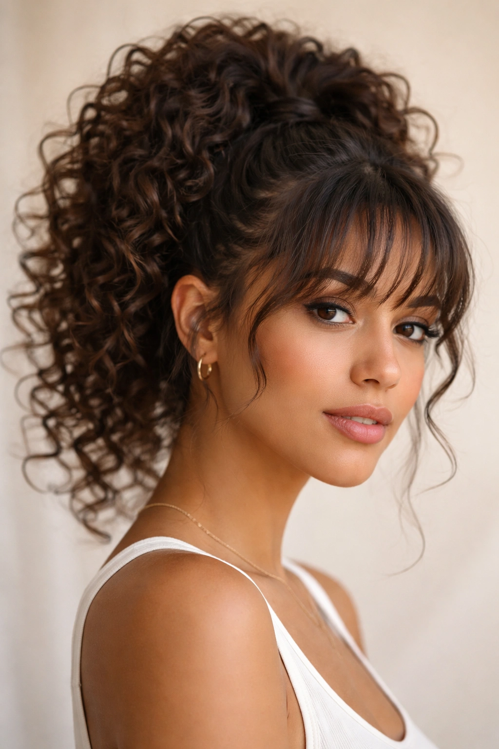 Curly high ponytail with wispy soft bangs