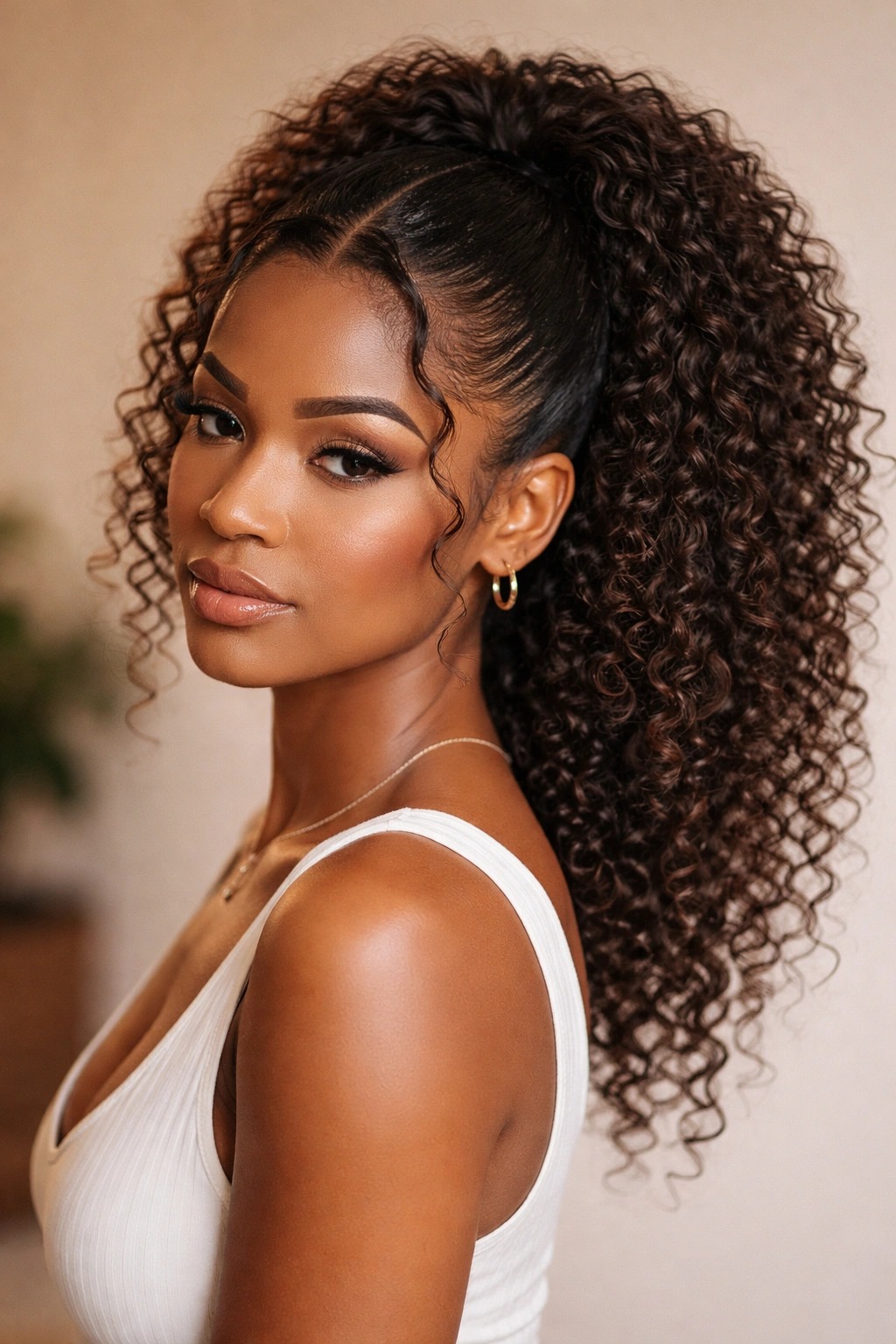 Textured curly V-part ponytail with defined curls
