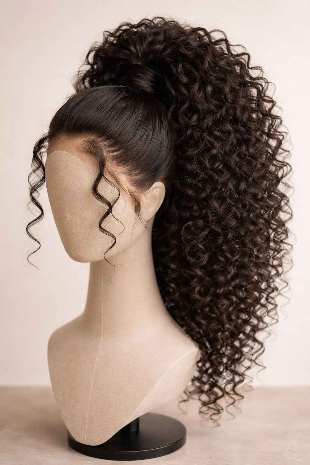 Lace-front wig with curly high ponytail on head form