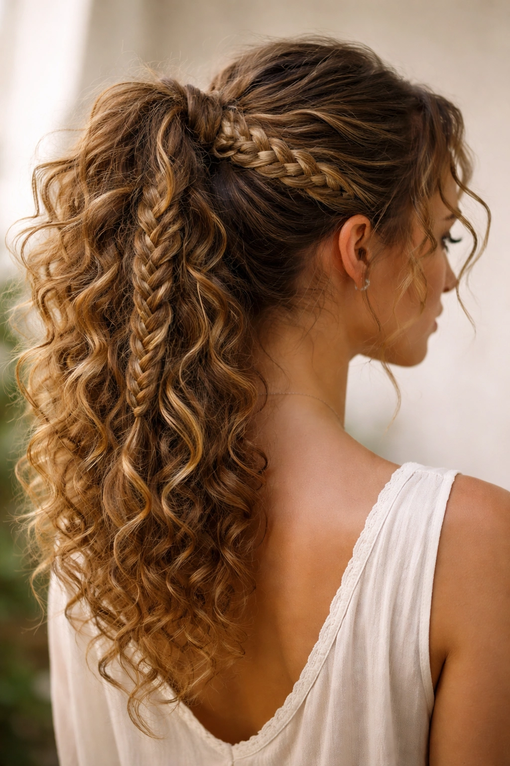 Curly ponytail with woven accent braid through curls