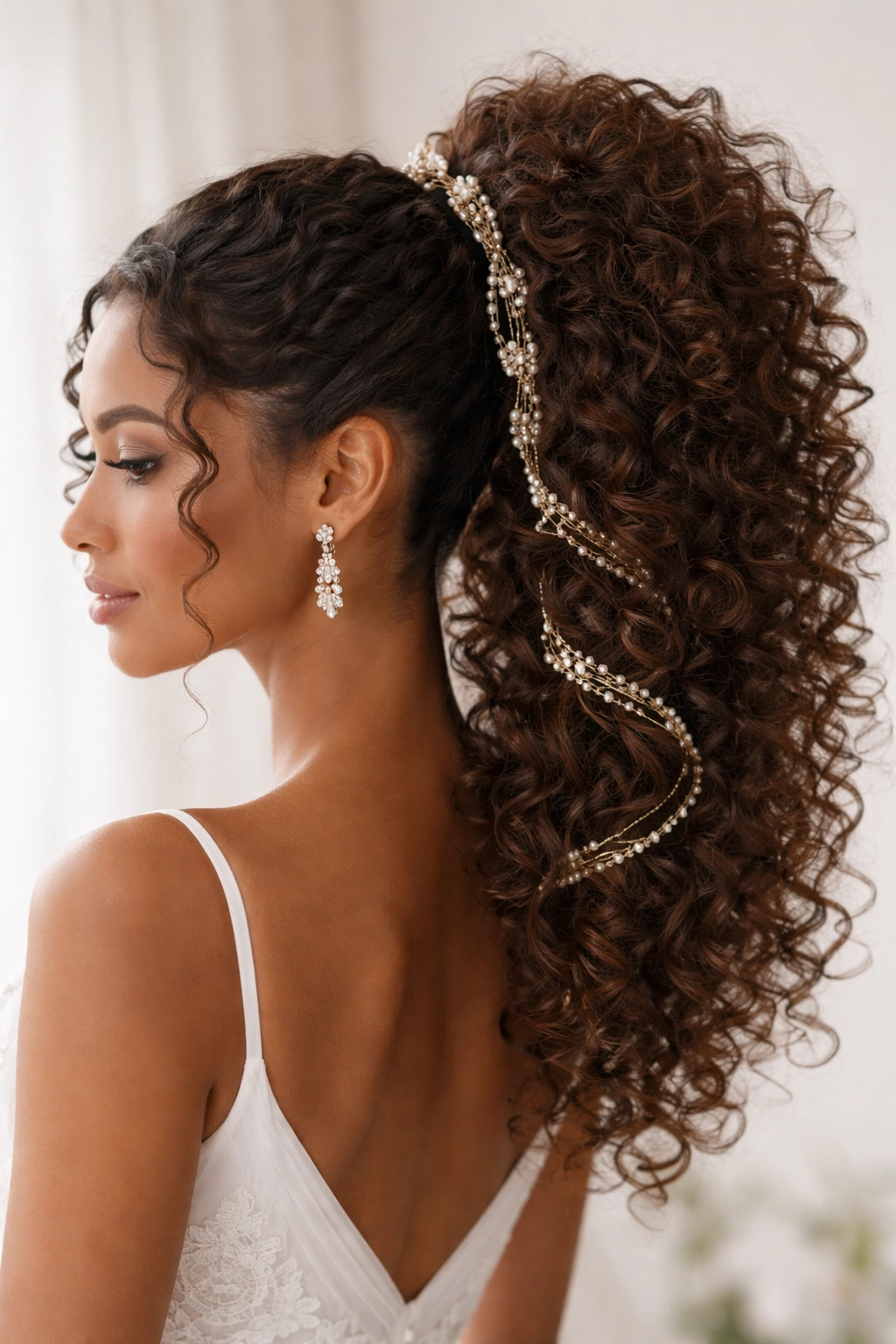 Curly ponytail wrapped with silk ribbon and hair jewelry
