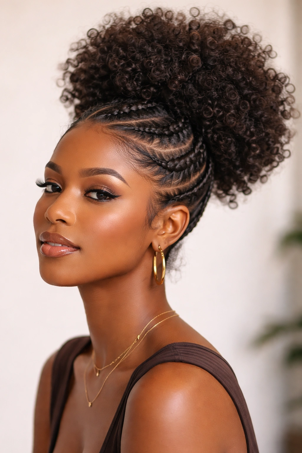 Close-up of a Black woman with a curly puff and braided details