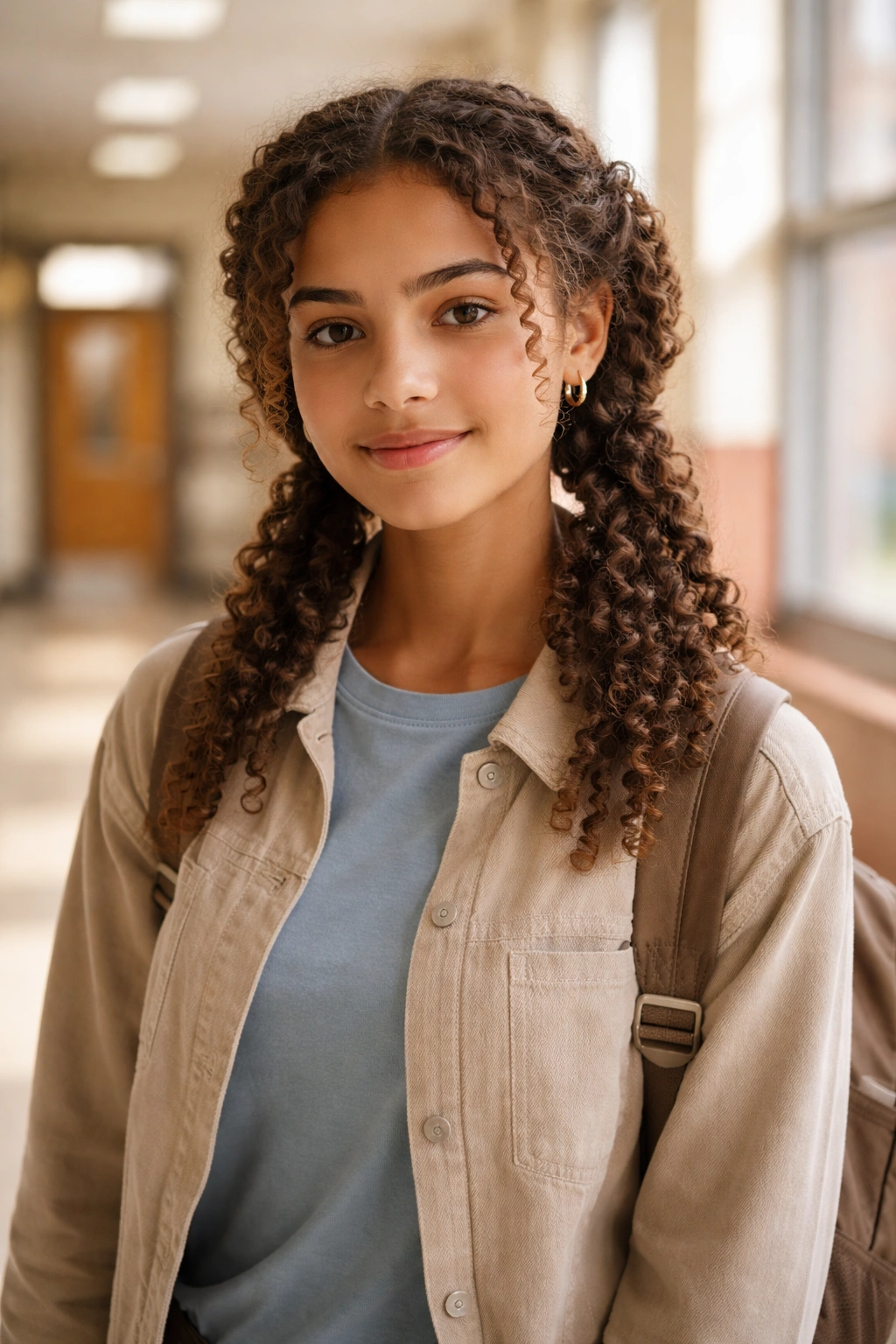 Curly-haired student with a tension-free school hairstyle