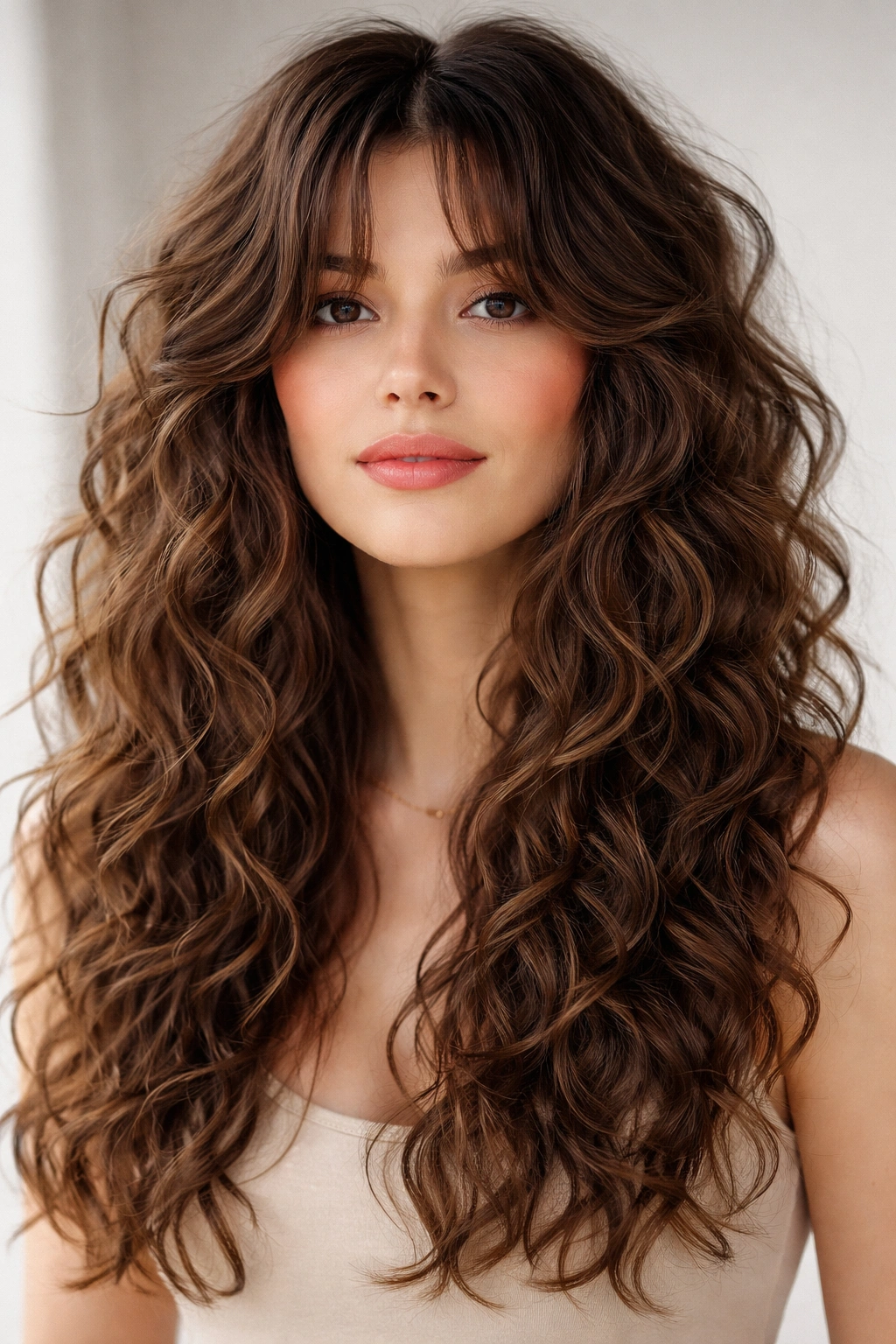 Long curly shag with curtain bangs framing the face