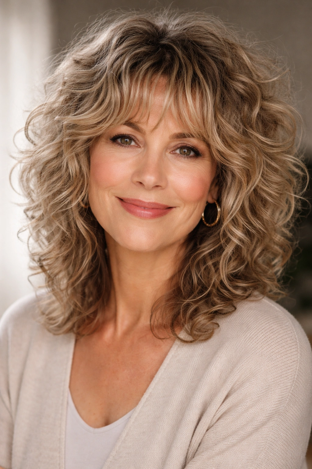 Full-face portrait of 50+ woman with curly shag hairstyle