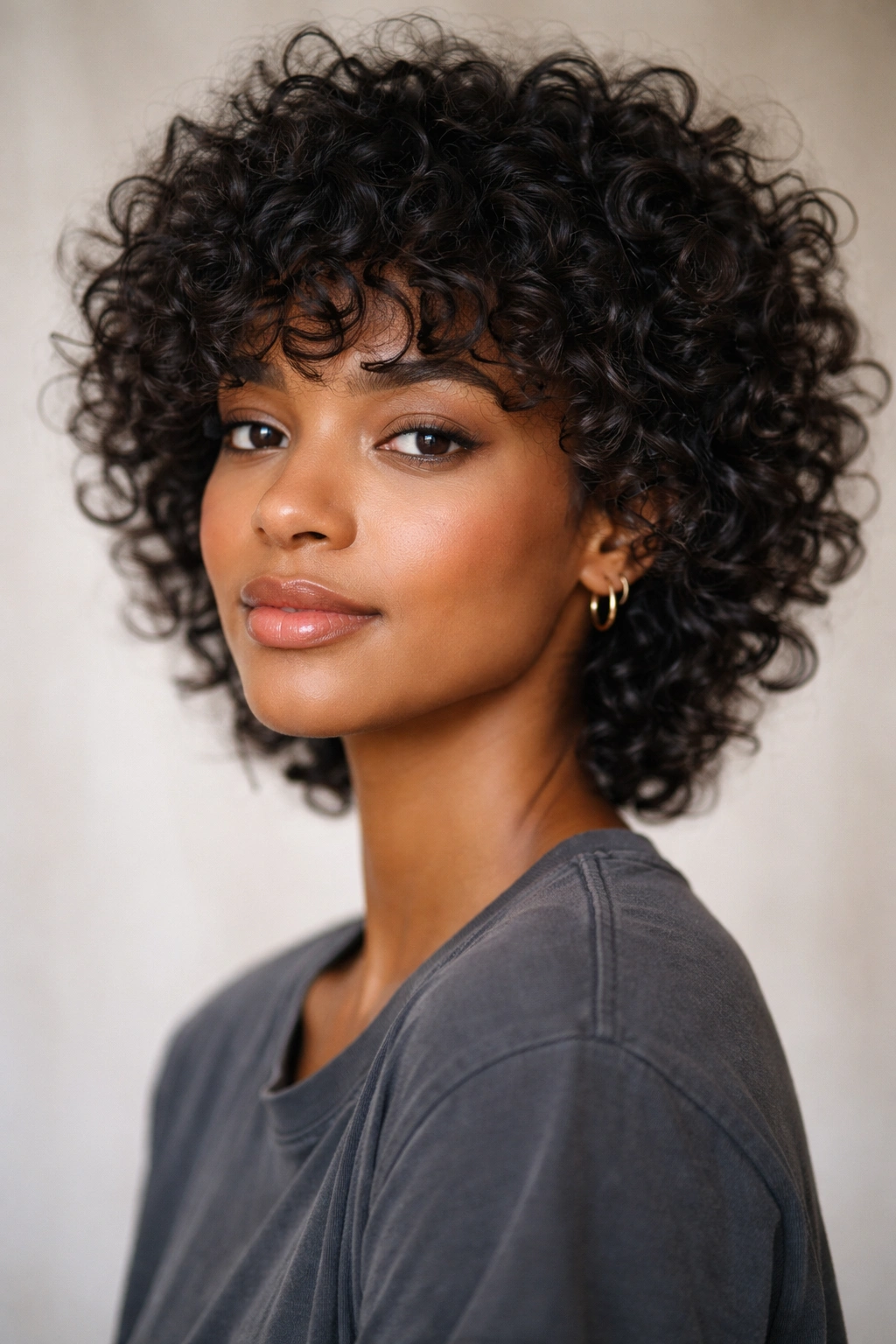Person with curly shag hairstyle and layered curls